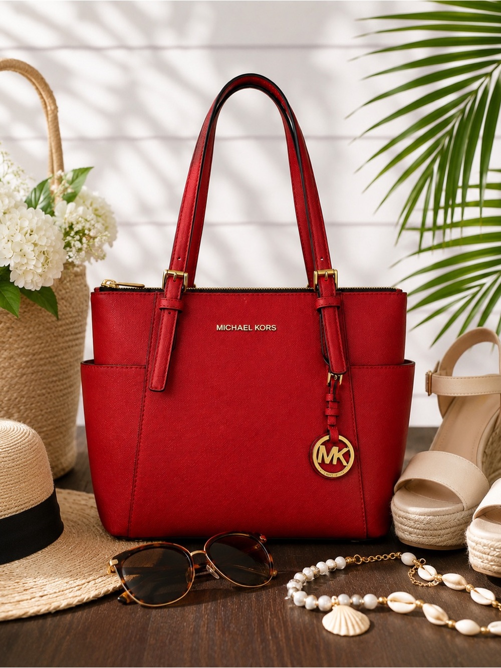 Michael Kors Red Saffiano Tote with Gold MK Charm